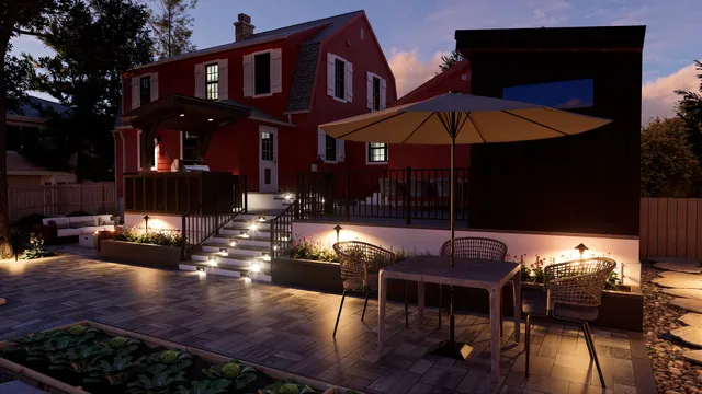 Rendering of the Ward Residence: patio and steps at dusk