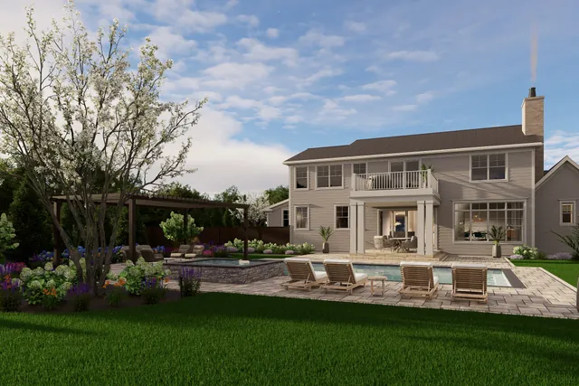Rendering of the rear elevation with the new pool and bluestone patio