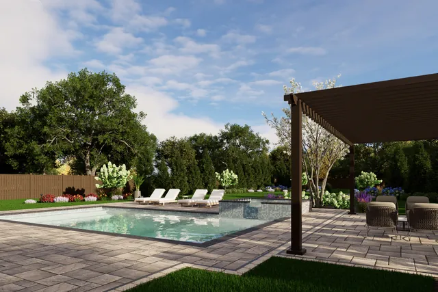 Rendering of the pool with the shade pergola over the lounge end
