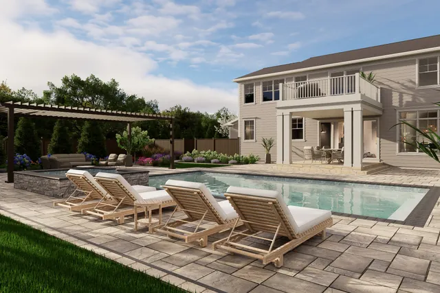 Rendering of the pool deck with loungers on bluestone paving