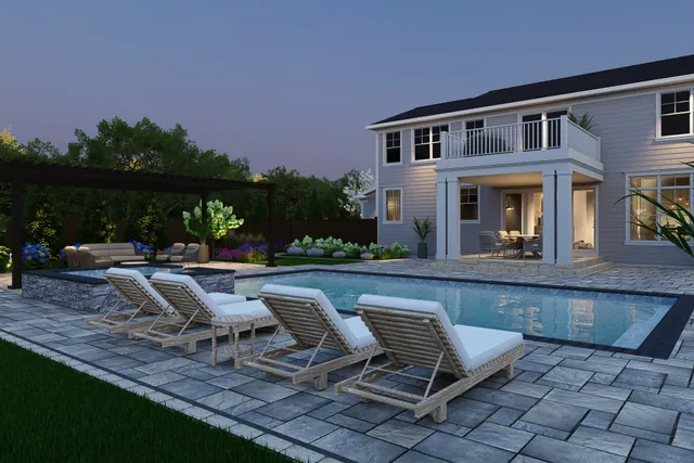 Dusk rendering of the pool lit from within with the house behind
