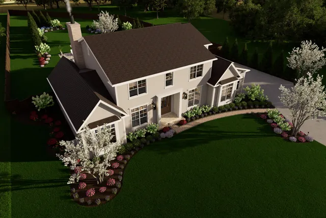 Aerial rendering showing the pool, patio and planting beds in plan