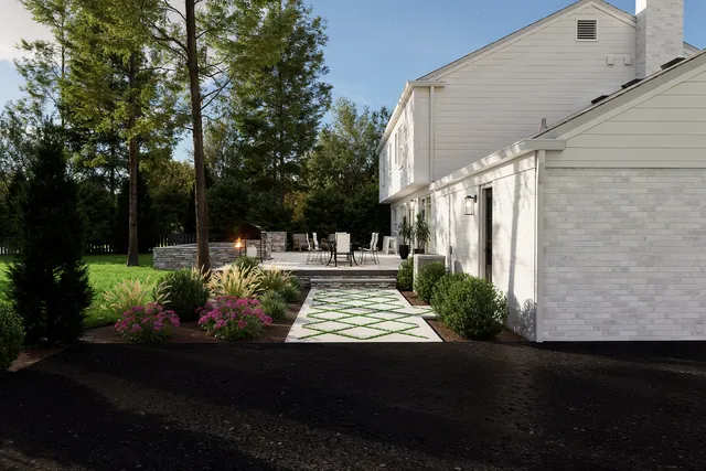 Rendering of the checkerboard paver and turf walkway leading to the terrace