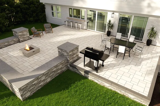 Overhead rendering showing the terrace, fire pit and planting beds in plan