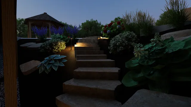 Rendering of the Sternat Residence: lit stone steps