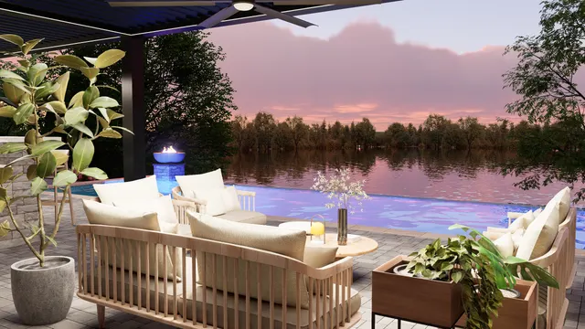 Dusk rendering of the pool terrace with the fire bowl lit and the pool water lit blue