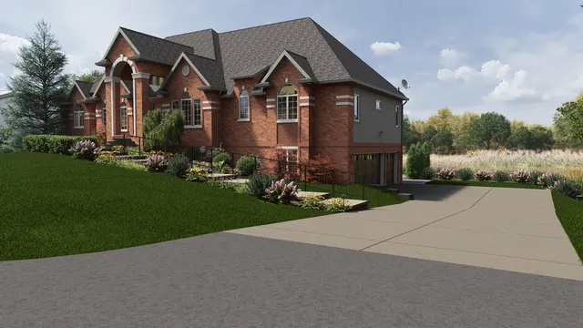 Rendering of the brick house from the driveway with planting beds along the front
