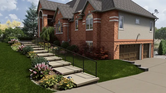 Rendering of the stone step walk climbing from the driveway to the front door