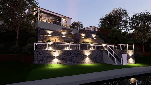 Night rendering of the stone wall faces lit from above with the deck and house behind