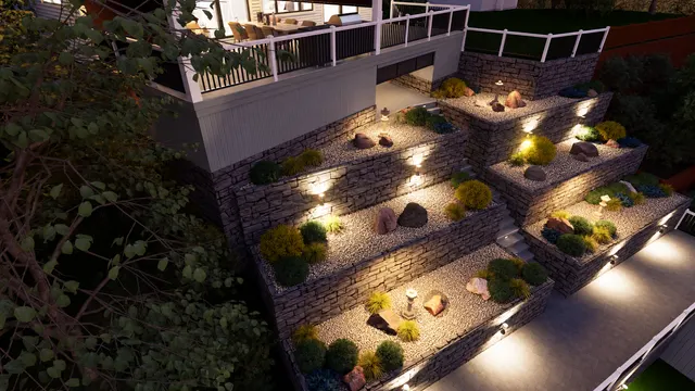 Night rendering looking down the stepped beds of gravel, boulders and grasses