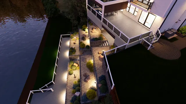 Night aerial rendering of the terraces, the deck and the walkway at the water
