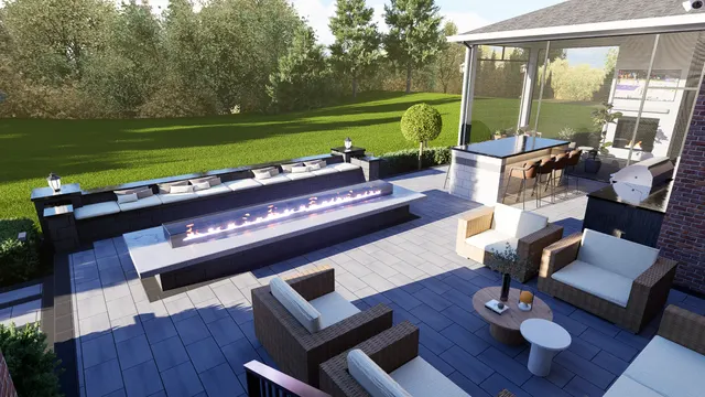 Rendering of a paved terrace with a long linear fire table, a seating wall and a covered bar