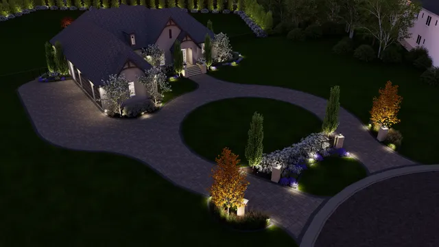 Night aerial rendering of the drive and the island planting lit