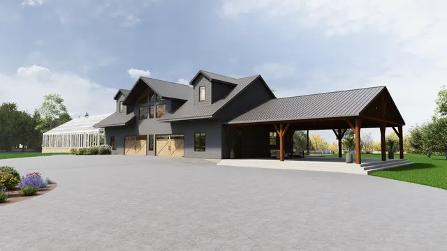 Rendering of the timber framed pavilion at the end of the house with the greenhouse behind
