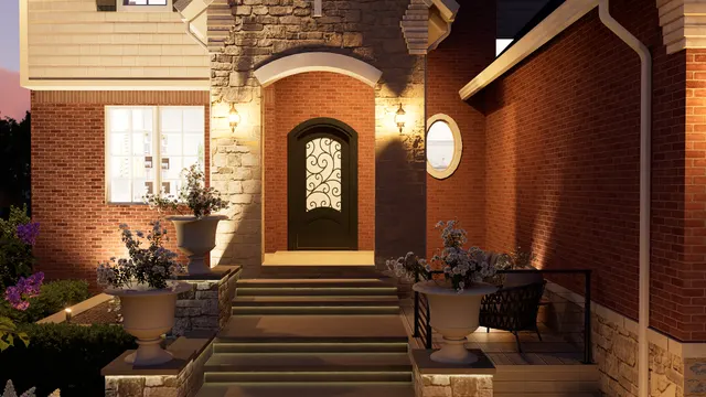 Night rendering of the front entry with the door, the stonework and the planters lit