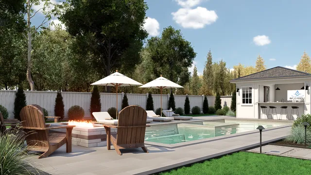 Rendering of the Matthews Residence: fire table and Adirondack chairs