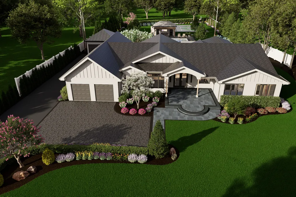 Aerial rendering of the whole property showing pool, sport court and drive