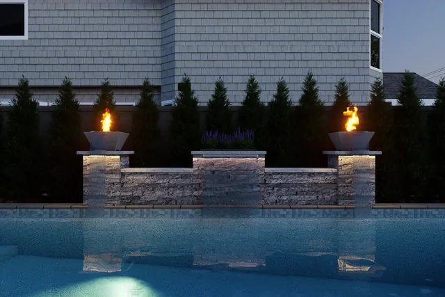 Dusk rendering of the pool with twin fire bowls on the stone wall