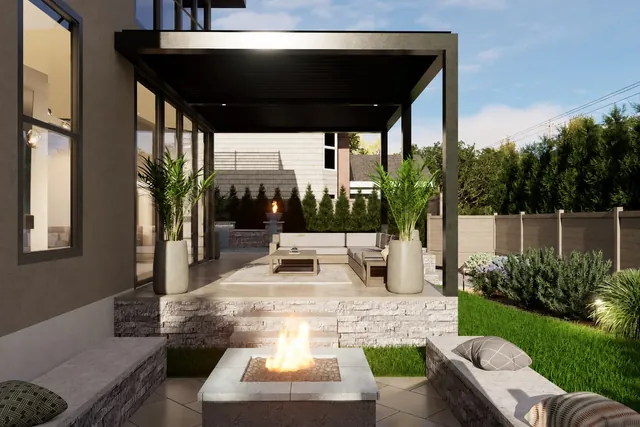 Rendering of the pergola lounge with a fire table