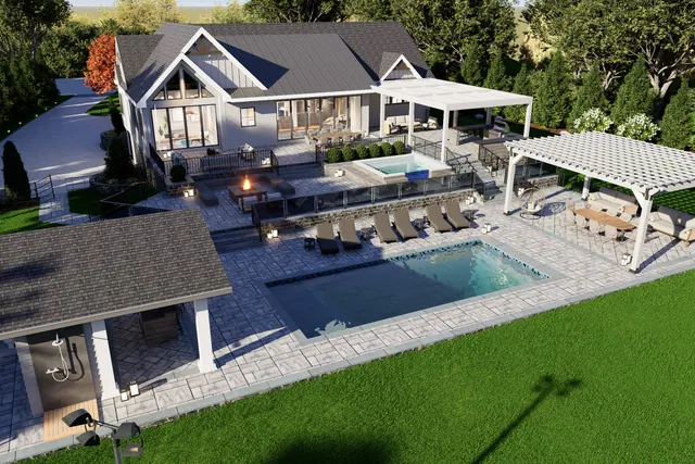 Aerial rendering of the pool with the pavilion and pergolas