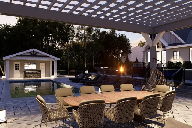 Dusk rendering of the pergola dining terrace
