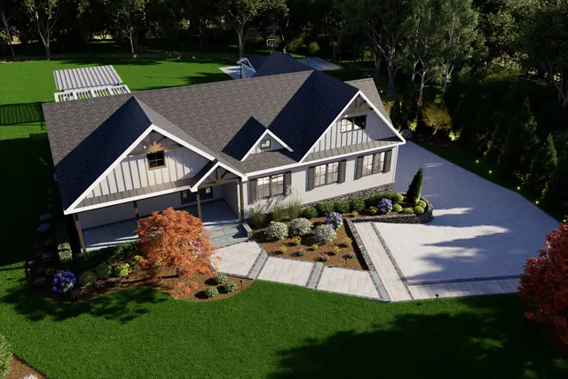 Aerial rendering of the front elevation and the paver drive with planting islands