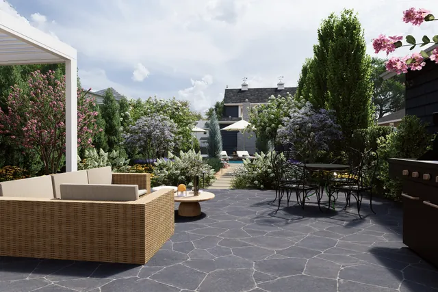 Rendering of the irregular flagstone terrace with a wicker lounge set