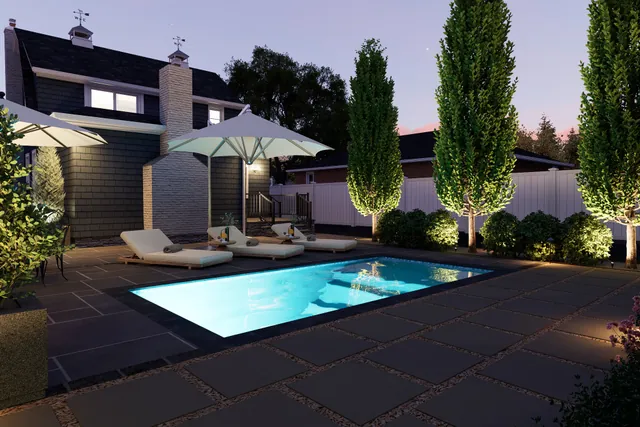 Night rendering of the pool lit with the boundary planting uplit