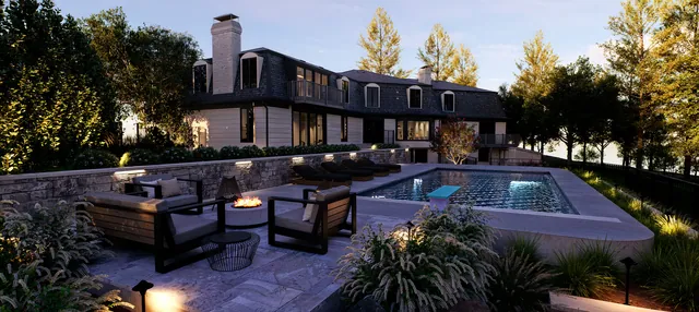 Rendering of the Hammerberg Residence: pool terrace at dusk