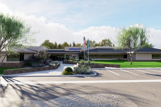 Rendering of the front elevation across the parking field