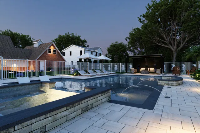 Aerial rendering of the pool and terraces at dusk