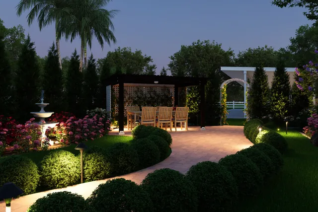 Night rendering of the fountain court with the planting lit