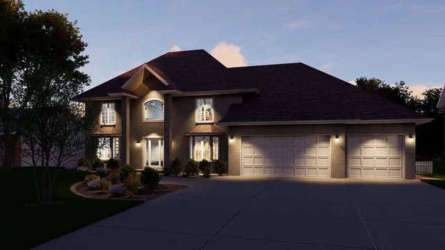 Rendering of the Allen Residence: the front at dusk