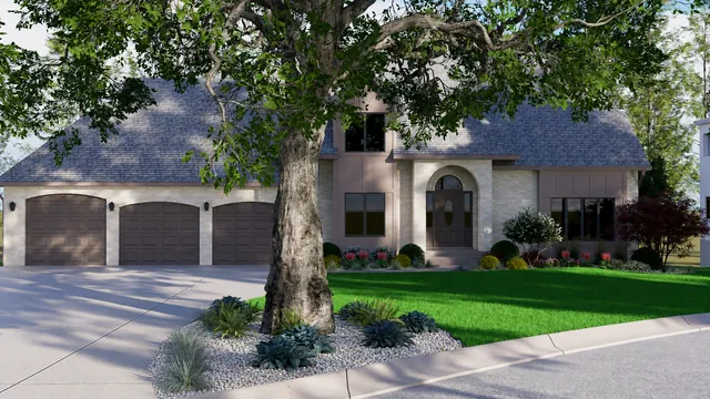 Rendering of the Braun Residence: island bed under the shade tree