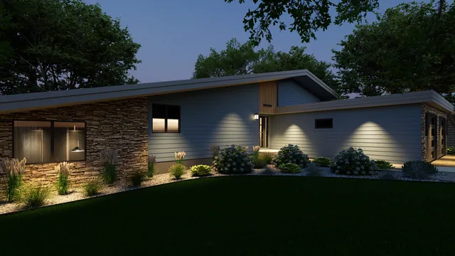 Rendering of the Schroetter Residence: the house at dusk