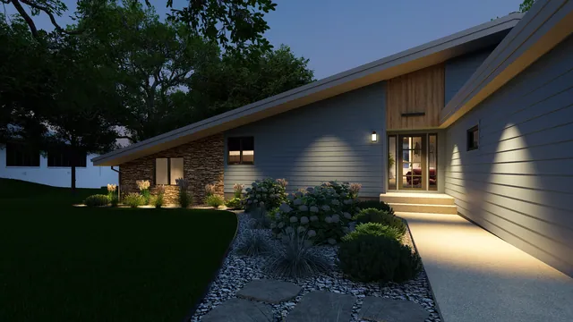 Rendering of the Schroetter Residence: lit entry walk