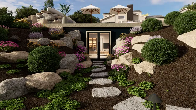 Rendering of the Lin Residence: boulder garden and stepping-stone path