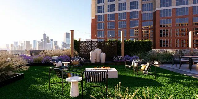 Rendering of the Maxwell Place: fire table and the skyline