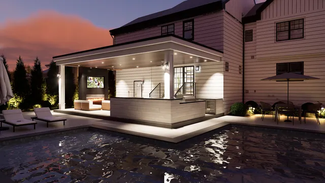 Rendering of the Munafo Residence: pool pavilion at dusk