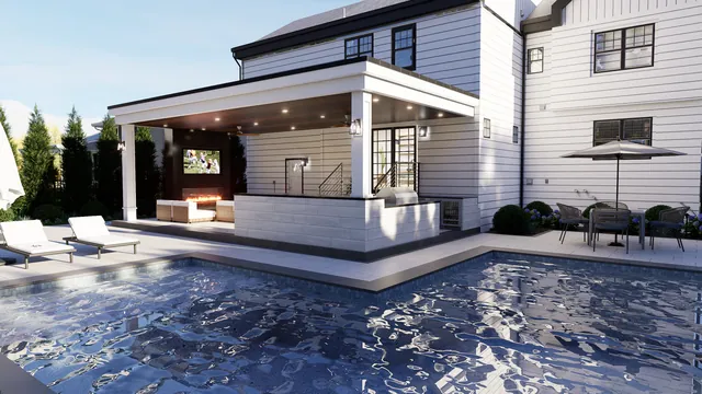 Rendering of the Munafo Residence: pool and pavilion