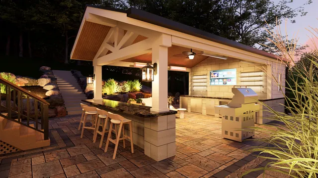 Rendering of the Wilkie Residence: pavilion and outdoor kitchen at dusk