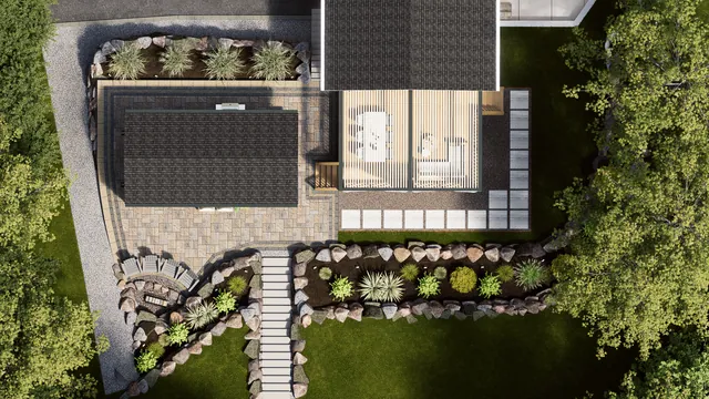 Rendering of the Wilkie Residence: the yard from above