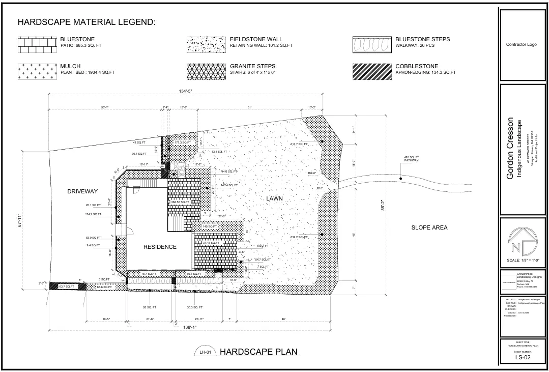 2D hardscape plan showing a driveway, patio, walls and steps with a material legend